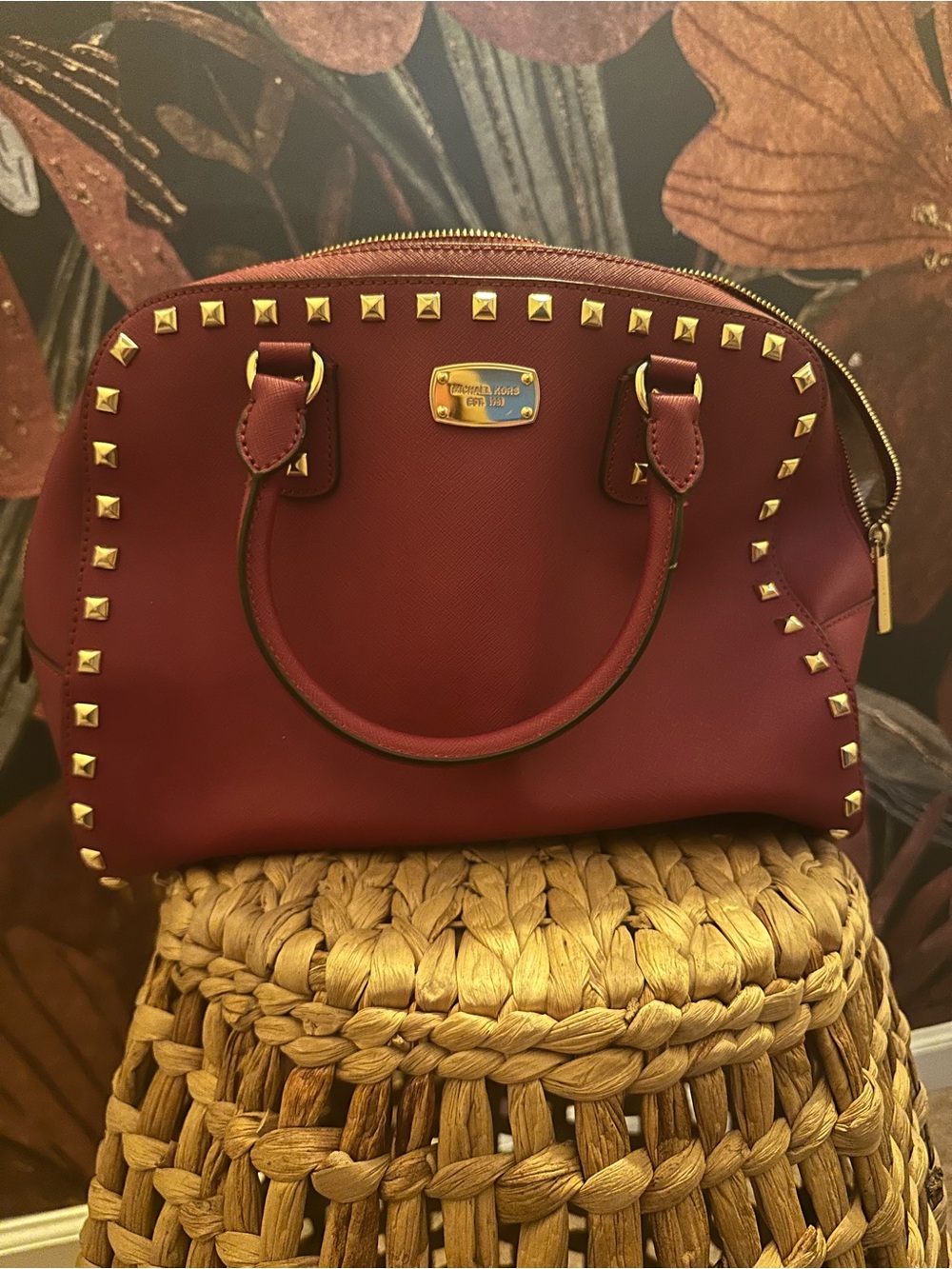 Michael Kors Wine Red Studded Dome Satchel